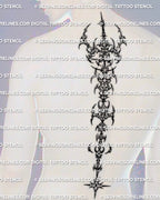 Mens cybersigilism spine tattoo stencil shown on full back placement with long vertical neotribal flow