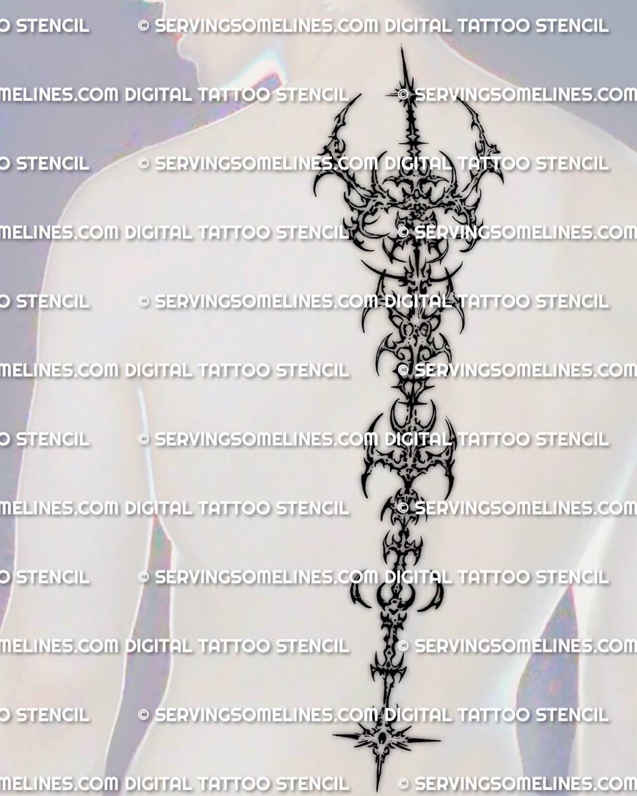 Mens cybersigilism spine tattoo stencil shown on full back placement with long vertical neotribal flow
