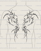Male back tattoo with demon wings spine design, bold blackwork tribal wings drawn in cyber sigilism style for gothic back tattoo.