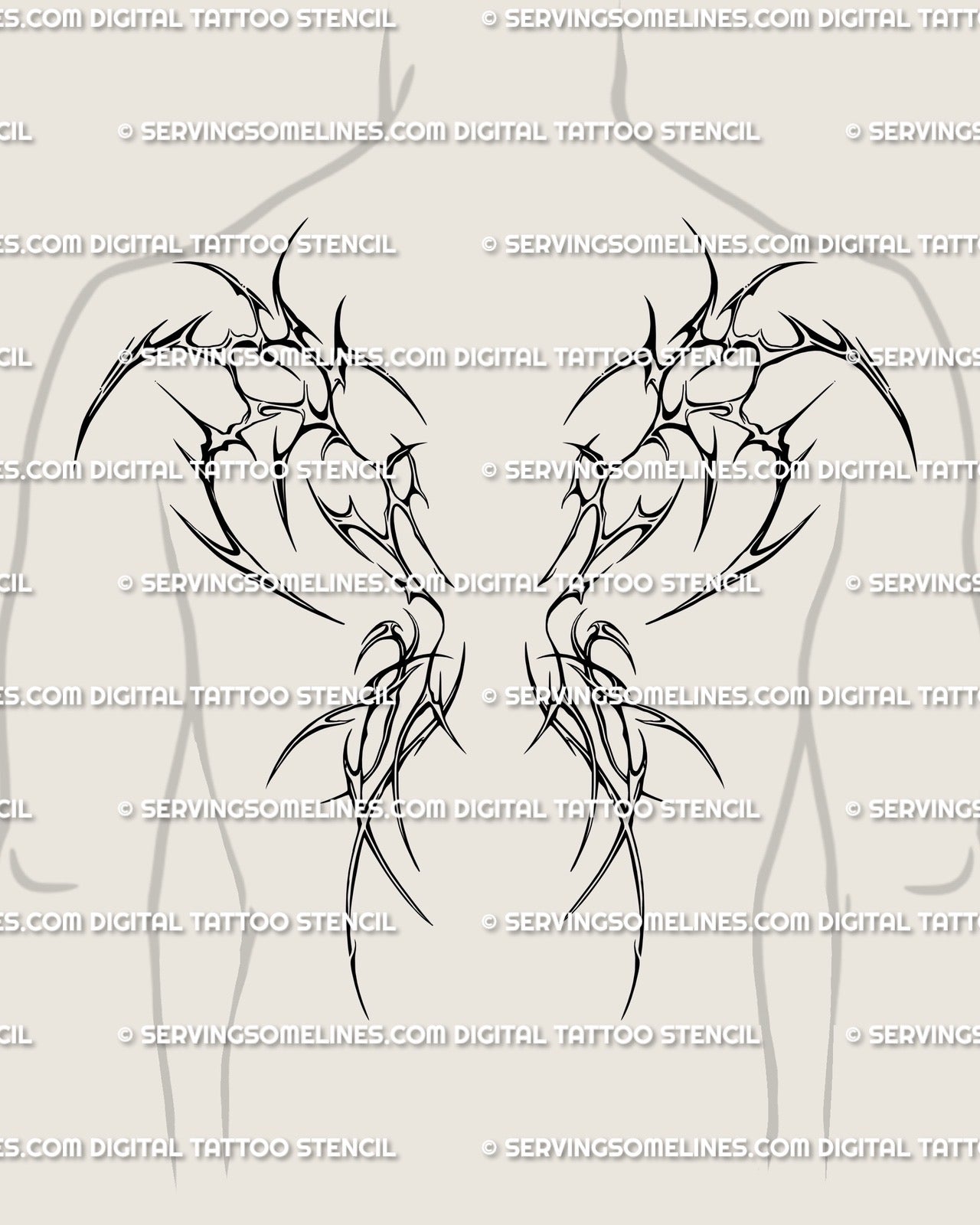 Male back tattoo with demon wings spine design, bold blackwork tribal wings drawn in cyber sigilism style for gothic back tattoo.