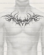 large extended neotribal blackwork chest tattoo stencil shown on mens chest, demonstrating how the wider version stretches across the torso