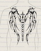 Man with neotribal cross wings tattoo placed across shoulder blades and spine, bold blackwork wings for men’s full back tattoo ideas.