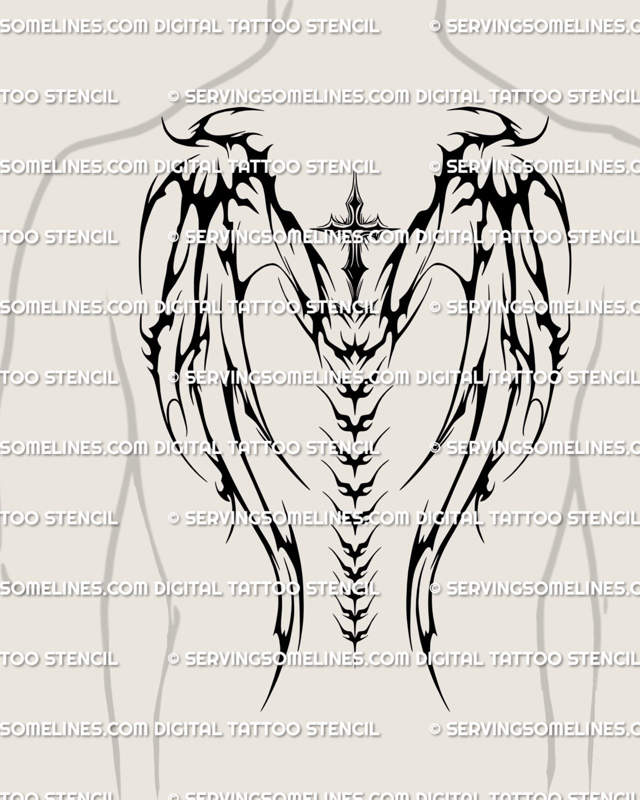 Man with neotribal cross wings tattoo placed across shoulder blades and spine, bold blackwork wings for men’s full back tattoo ideas.