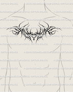 mens chestpiece mockup showing cyber branch and hidden heart neotribal blackwork tattoo stencil positioned naturally across the upper chest