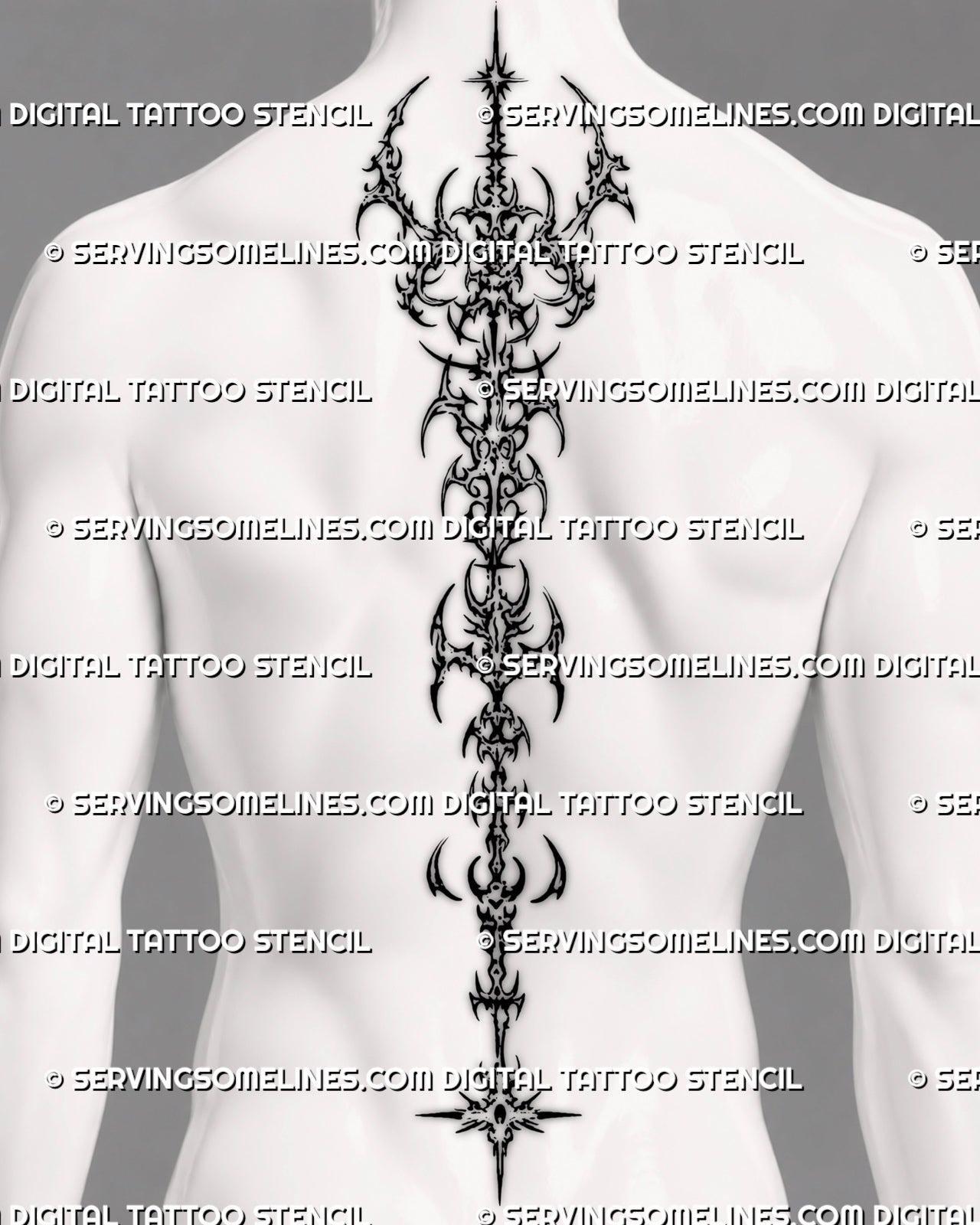 Mens neotribal spine tattoo stencil digital download with long cybersigil back design placement