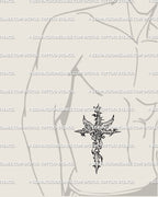 Men’s rib placement of cybersigilism cross tattoo stencil, fine-line gothic rose and thorn details in digital art format.