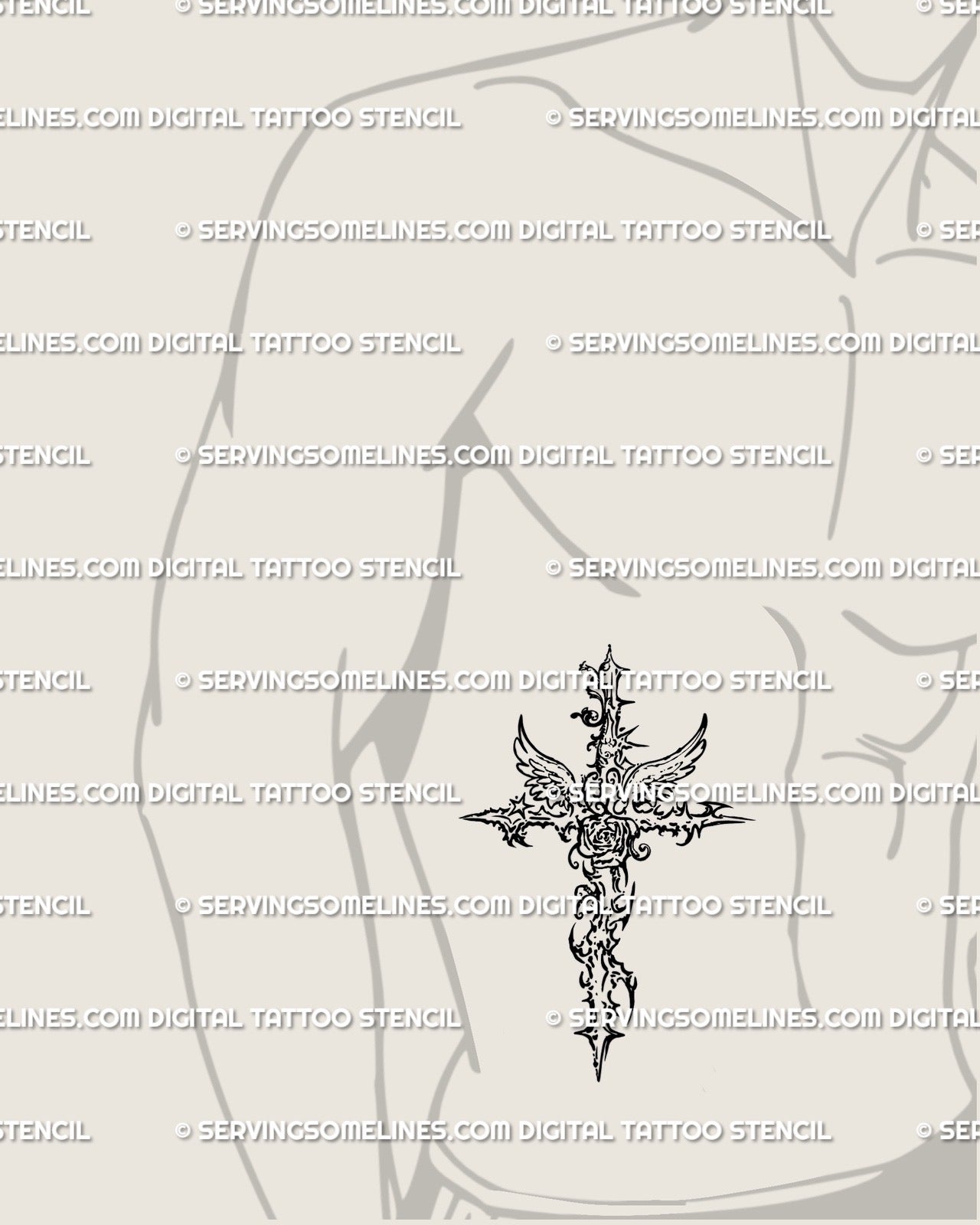 Men’s rib placement of cybersigilism cross tattoo stencil, fine-line gothic rose and thorn details in digital art format.