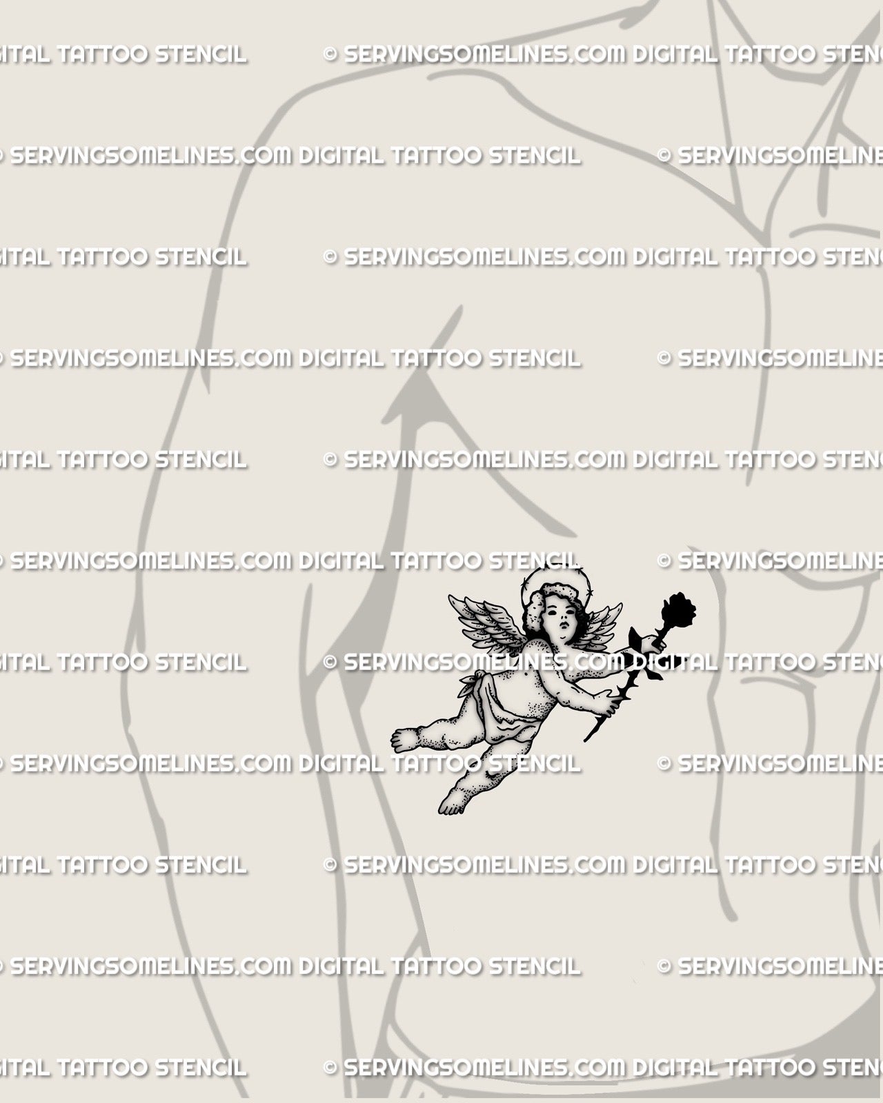 Men’s rib tattoo idea with small dark cherub design, gothic angel flash featuring thorn crown halo and black rose symbolism. 