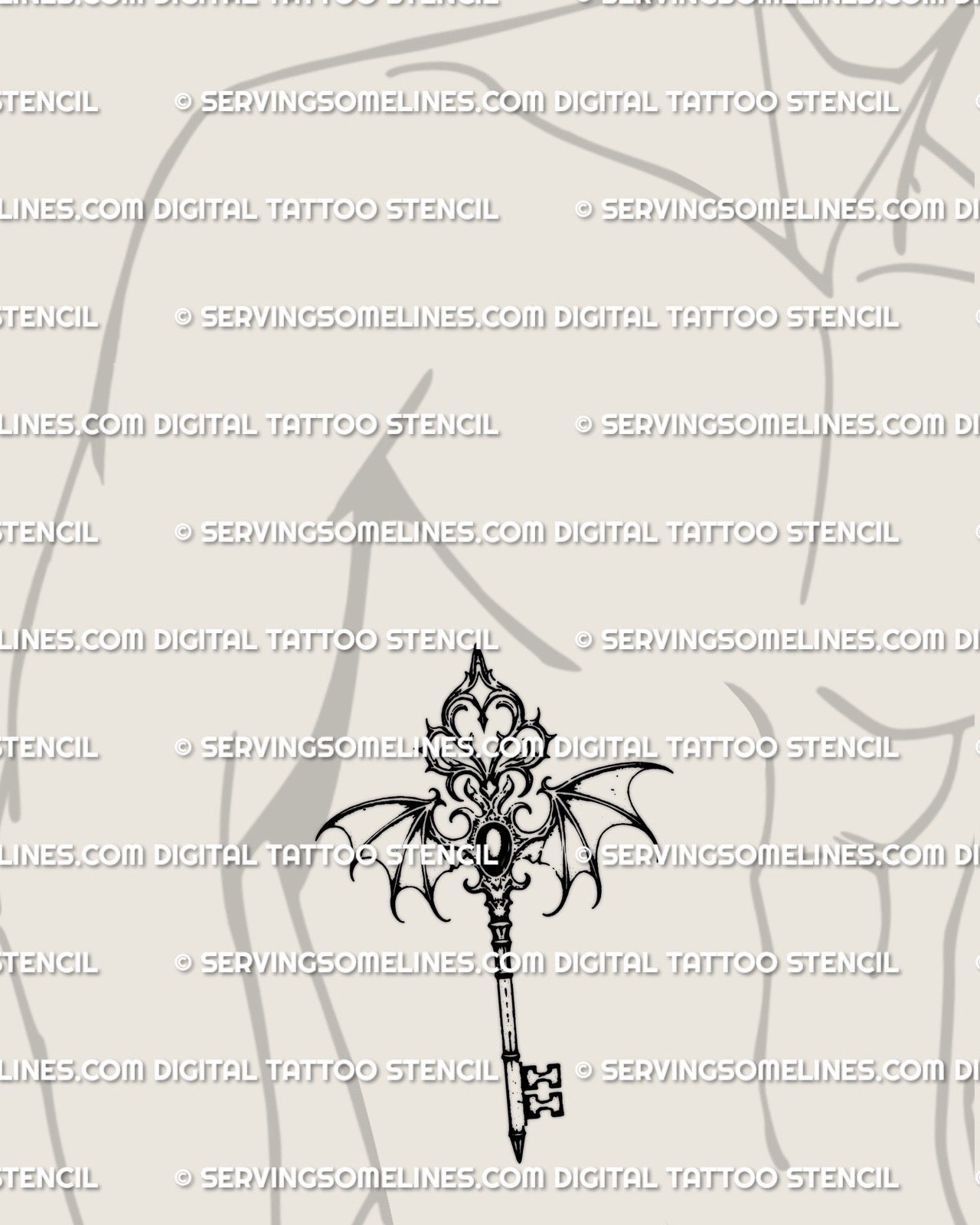 Gothic winged key tattoo design shown on men’s rib placement, with baroque filigree lines that follow the natural body curve.
