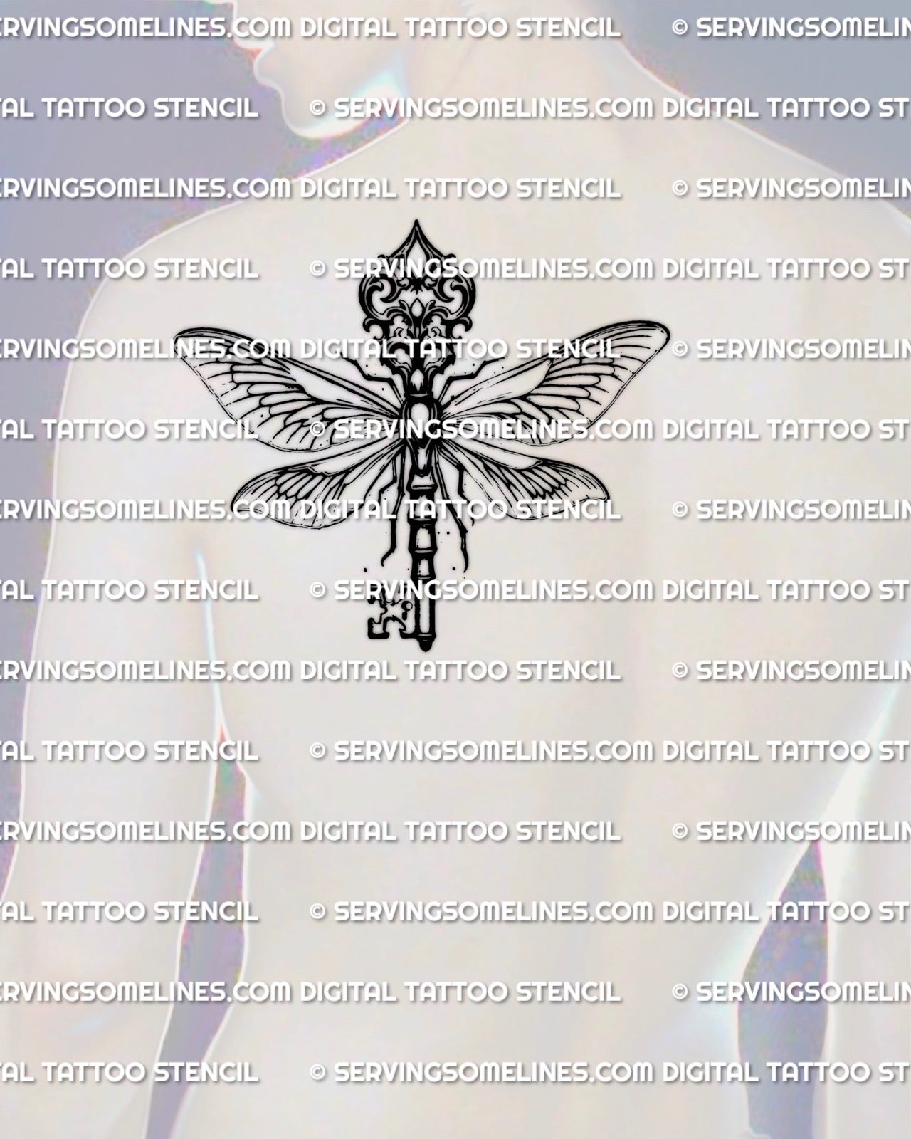 Gothic dragonfly key tattoo stencil shown on mens shoulder back placement, antique crest key body with dragonfly wings spread wide.