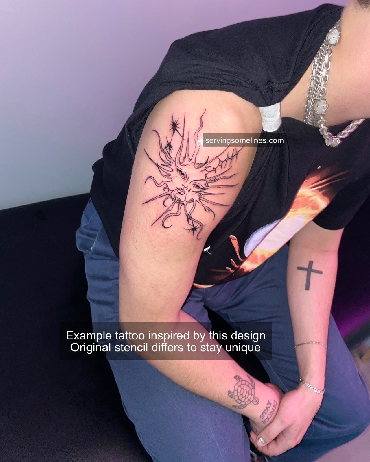 Tattooed cybersigilism sun on male shoulder, spiky tribal rays and gothic linework forming futuristic celestial symbol with bold symmetry.