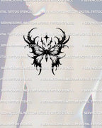 Dark moth wing tattoo stencil shown on men’s shoulder placement, a masculine gothic tattoo design created for bold winged pieces.