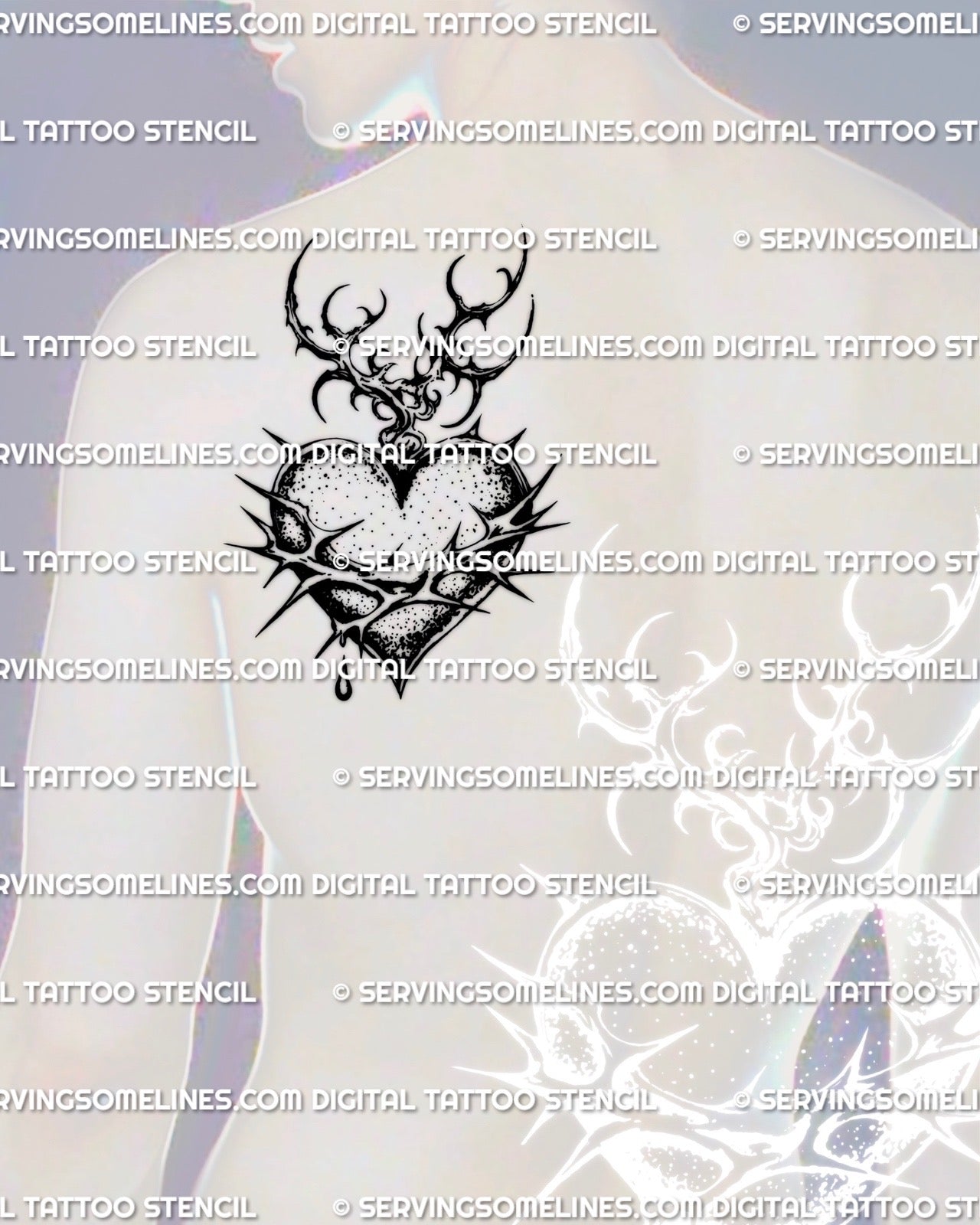 Shown on men’s shoulder placement, dark sacred heart with barbed wire wrap, thorn crown detail, cybertribal flame tips, blackwork style
