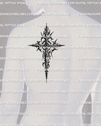 gothic cross tattoo stencil displayed on mens shoulder placement, blackwork neotribal design ready for tattoo use