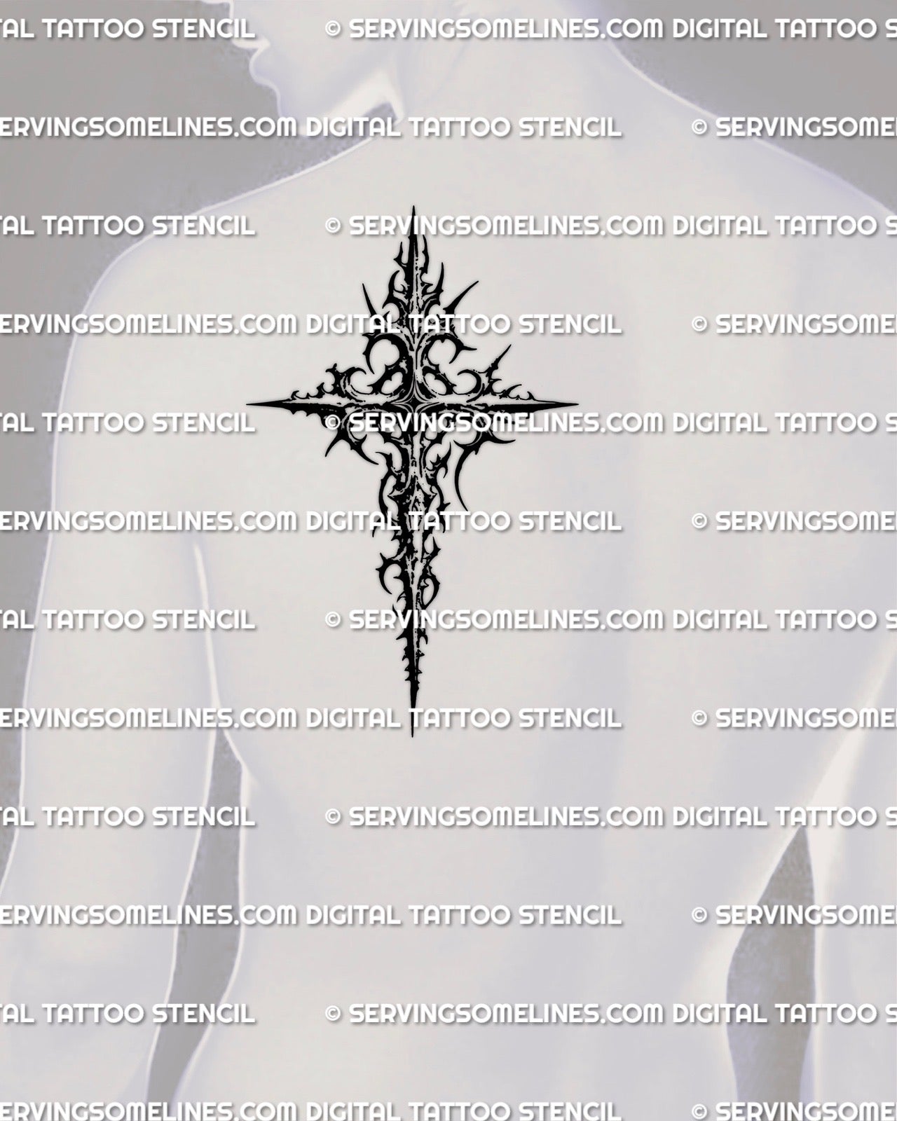 gothic cross tattoo stencil displayed on mens shoulder placement, blackwork neotribal design ready for tattoo use