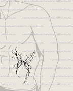 Cyber sigil butterfly tattoo on man’s ribs, abstract heart wings stencil with dark spiky neotribal lines and symmetry. 