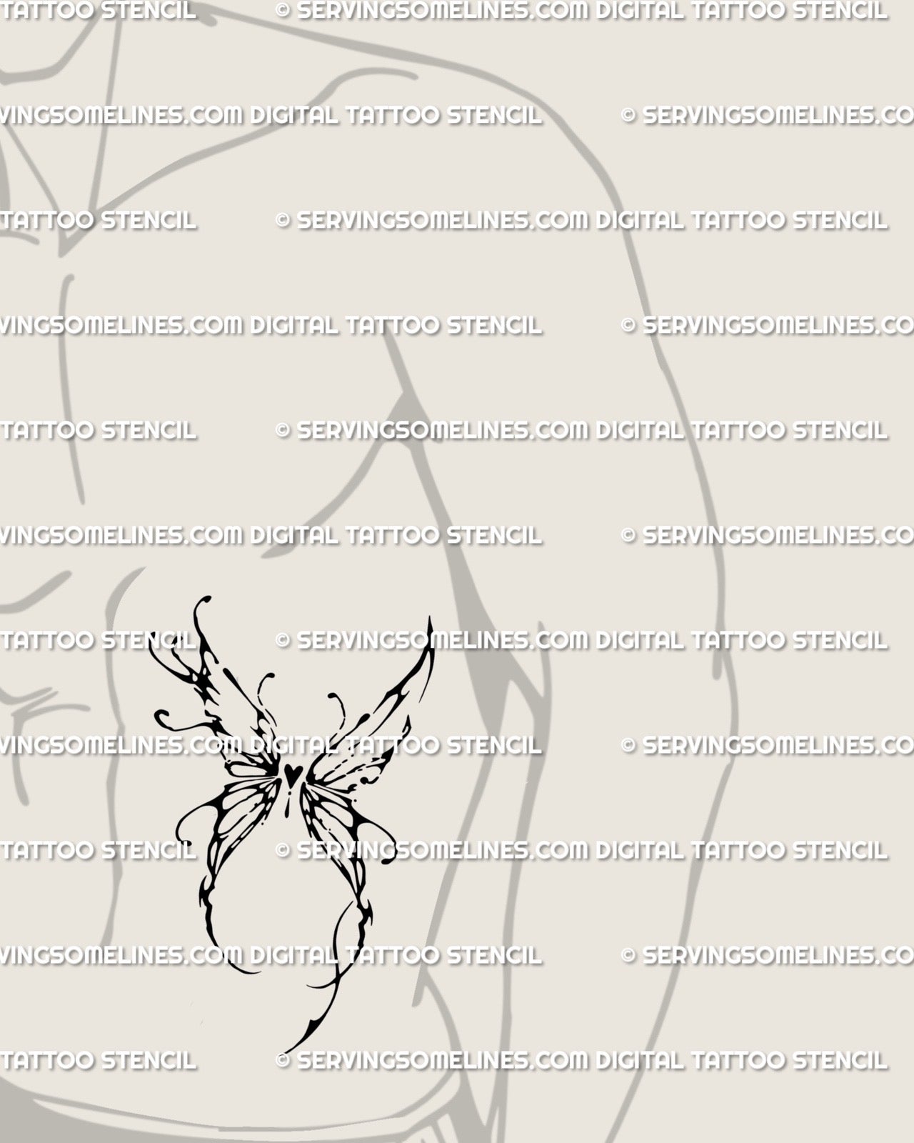 Cyber sigil butterfly tattoo on man’s ribs, abstract heart wings stencil with dark spiky neotribal lines and symmetry. 