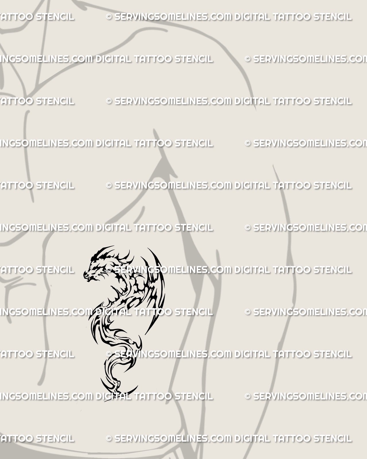 Dragon tattoo stencil preview in abstract cyber sigilism style shown on men’s side torso, tribal flame body elongates naturally.