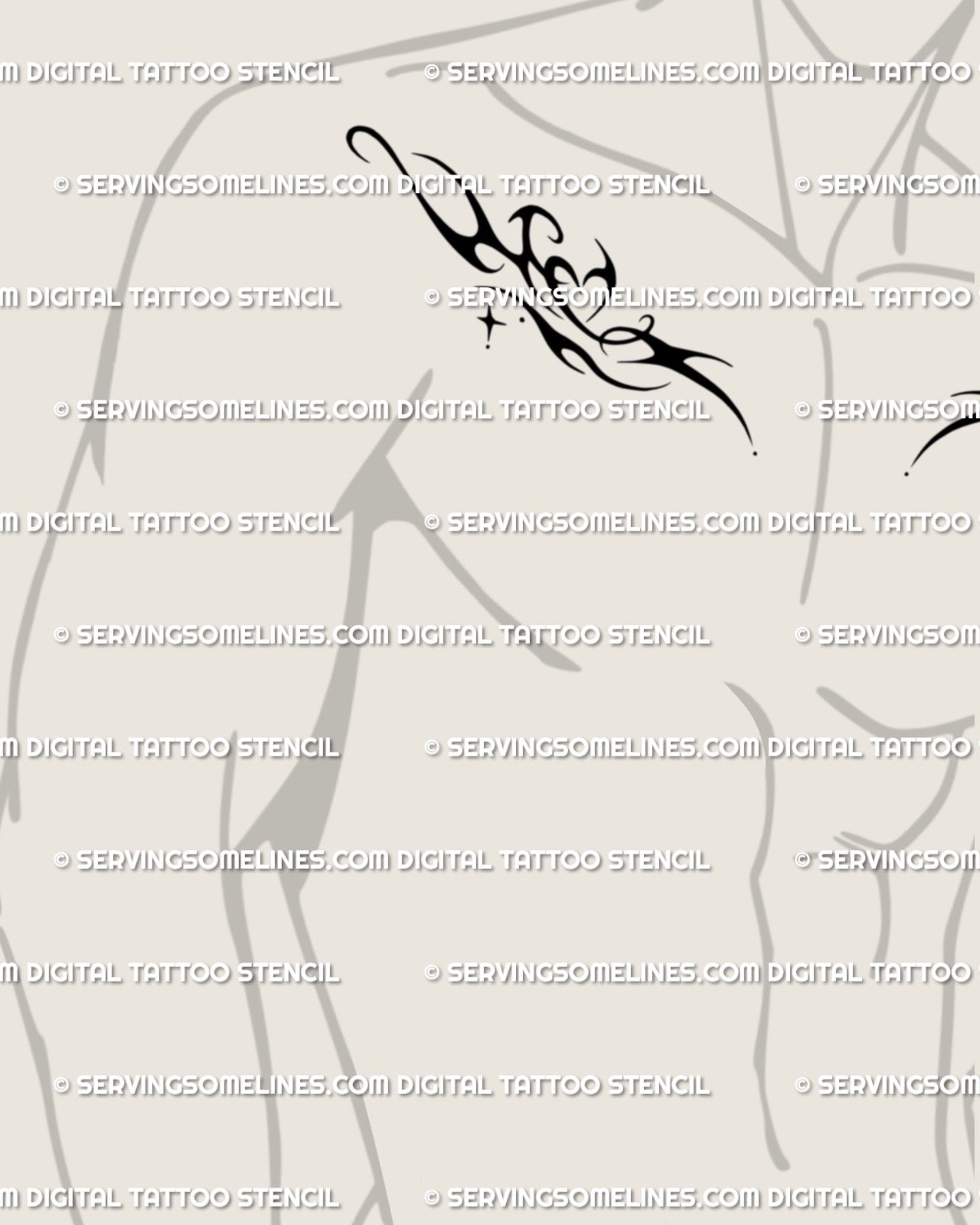 Side view of male collarbone placement showing symmetrical neo-tribal flaming heart tattoo digital stencil preview. 