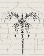 Men’s back placement showing a skeletal winged spine tattoo stencil with spiky gothic wings and spine flow