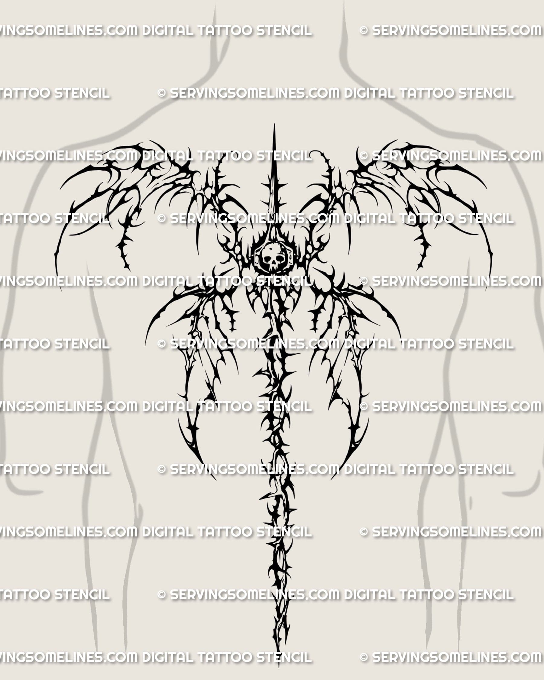 Men’s back placement showing a skeletal winged spine tattoo stencil with spiky gothic wings and spine flow