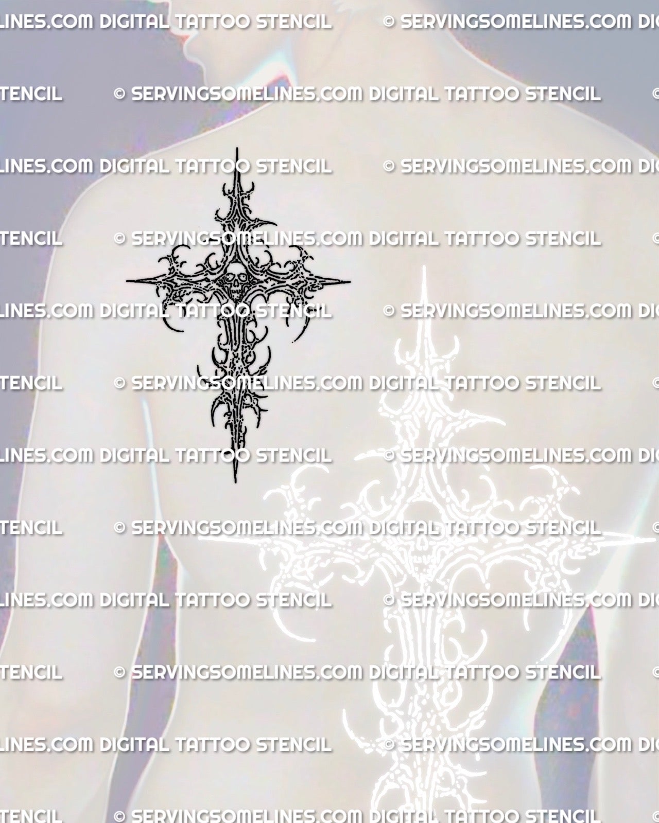 Men’s shoulder placement skull cross tattoo with sharp outline style, modern minimalist cross stencil.