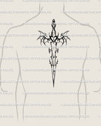 Tattoo preview on man’s spine showing vertical bat wings sword design, dark fantasy gothic dagger tattoo created from digital tattoo stencil.