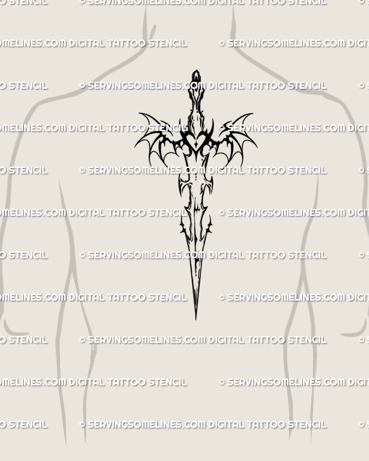 Tattoo preview on man’s spine showing vertical bat wings sword design, dark fantasy gothic dagger tattoo created from digital tattoo stencil.