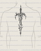 Cyber tribal blade tattoo design shown on men’s spine placement, vertical fantasy sword layout with gothic dagger energy and balance.