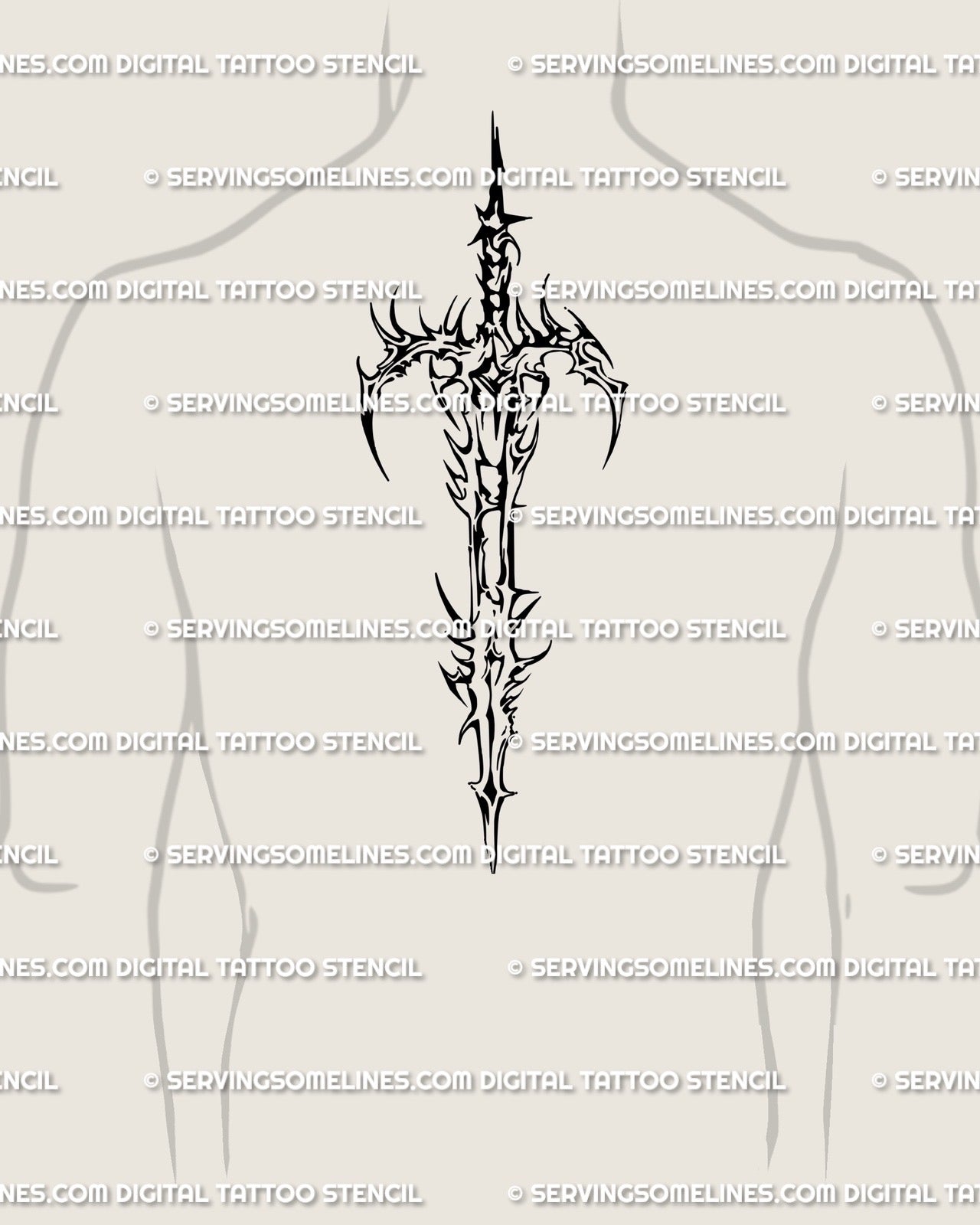 Cyber tribal blade tattoo design shown on men’s spine placement, vertical fantasy sword layout with gothic dagger energy and balance.