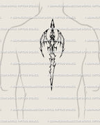 Spine sword tattoo displayed on men’s back, gothic cyber sigilism blade with dragon wings and sharp tribal flow in black linework.