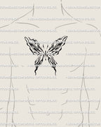 Men’s sternum chest center tattoo design of abstract liquid butterfly, symmetrical marble line art with cyber ornamental flow.