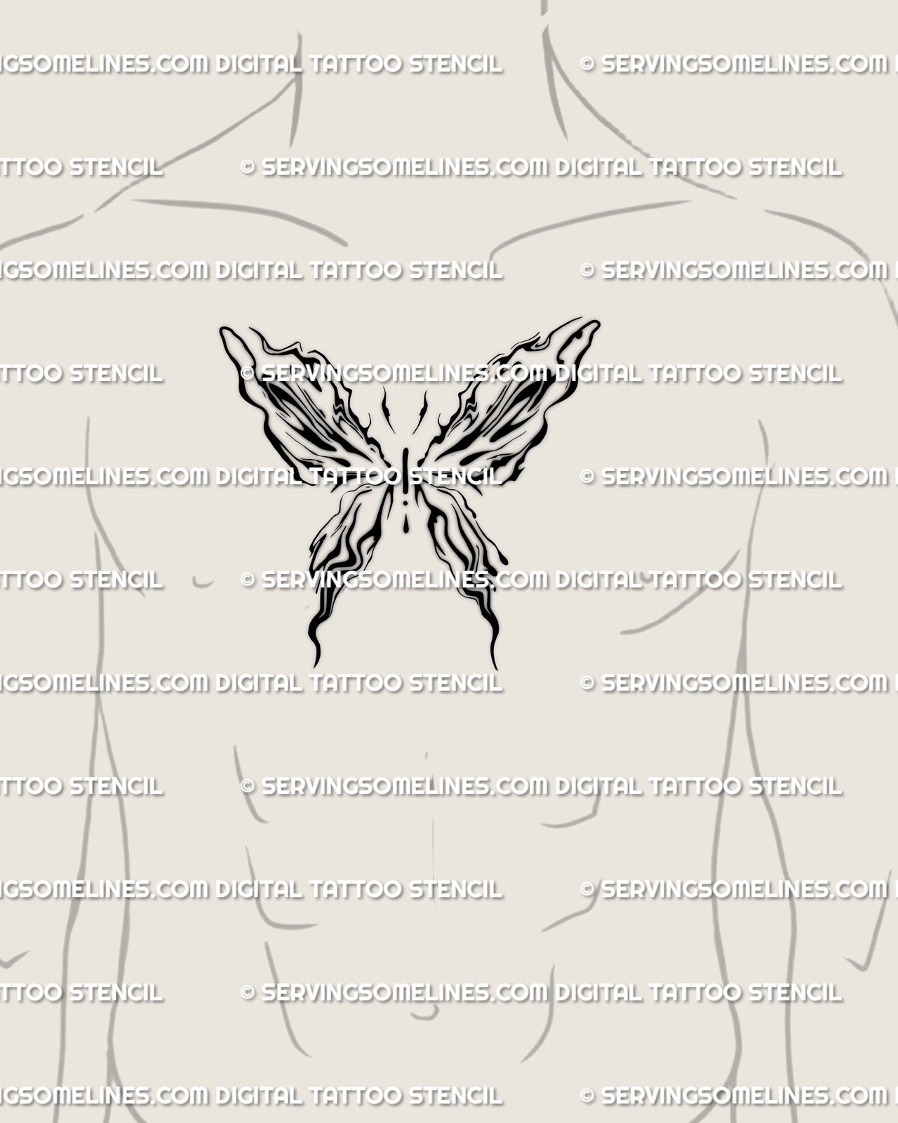 Men’s sternum chest center tattoo design of abstract liquid butterfly, symmetrical marble line art with cyber ornamental flow.