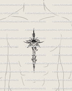 Men’s sternum tattoo idea featuring cybersigilism sword design, angelic eye and celestial linework for symbolic body art.