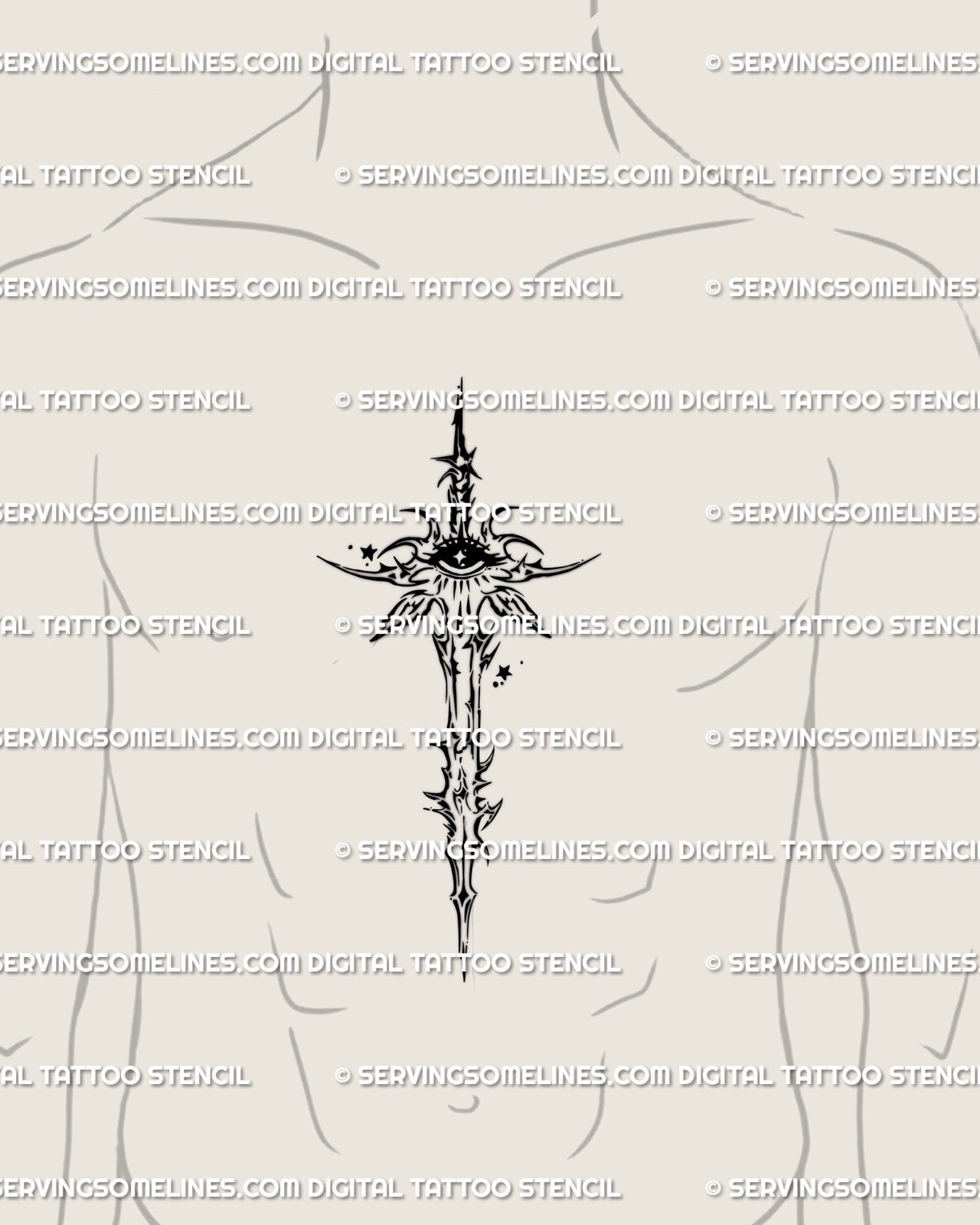 Men’s sternum tattoo idea featuring cybersigilism sword design, angelic eye and celestial linework for symbolic body art.