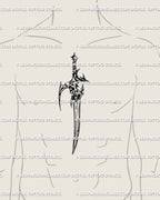 Dark gothic dagger tattoo design displayed on men’s sternum placement, cyber-tribal knife symmetry with bold ornamental detail.