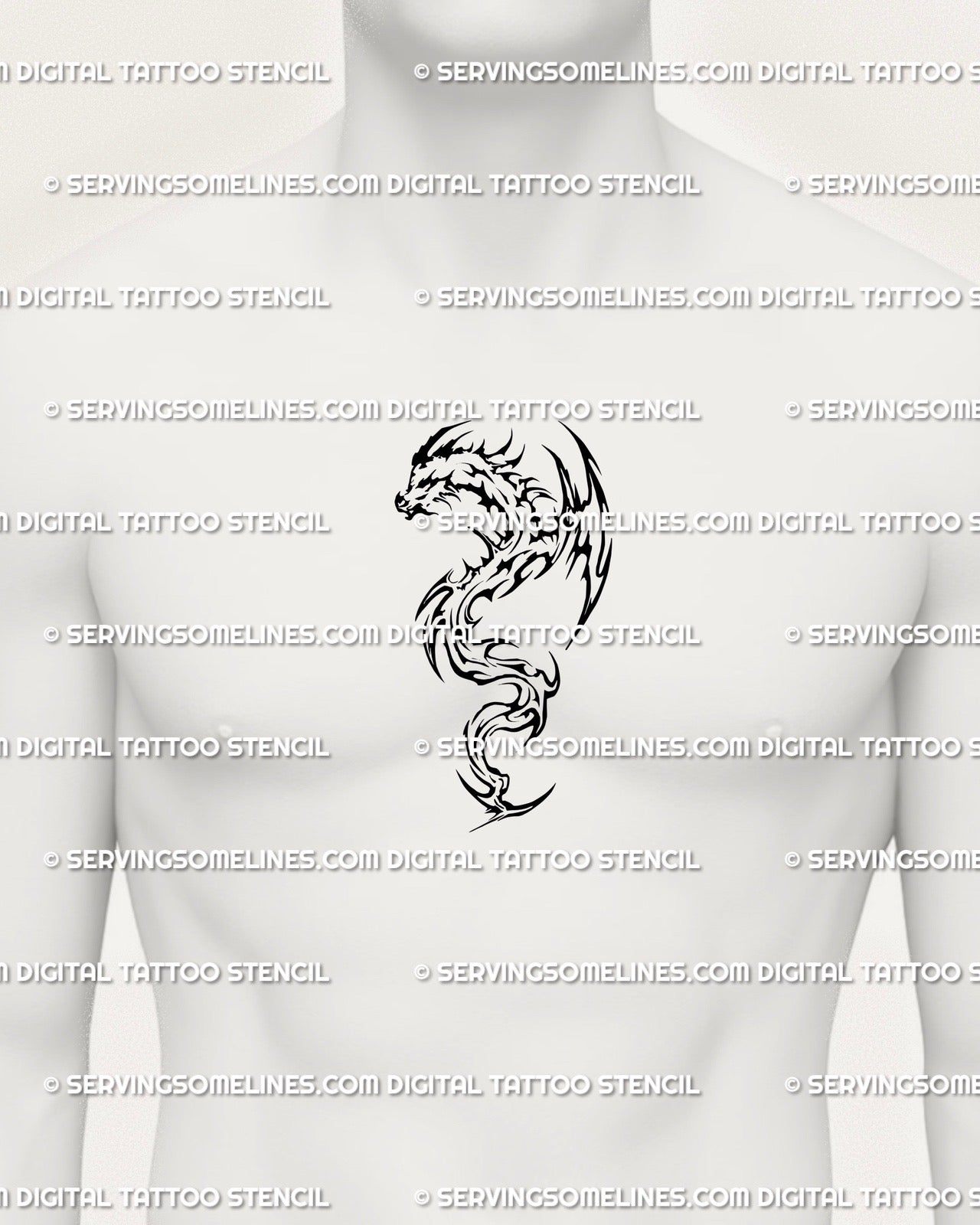 Cyber sigilism dragon tattoo stencil shown as men’s sternum idea, tribal flame body centered vertically for strong chest balance.
