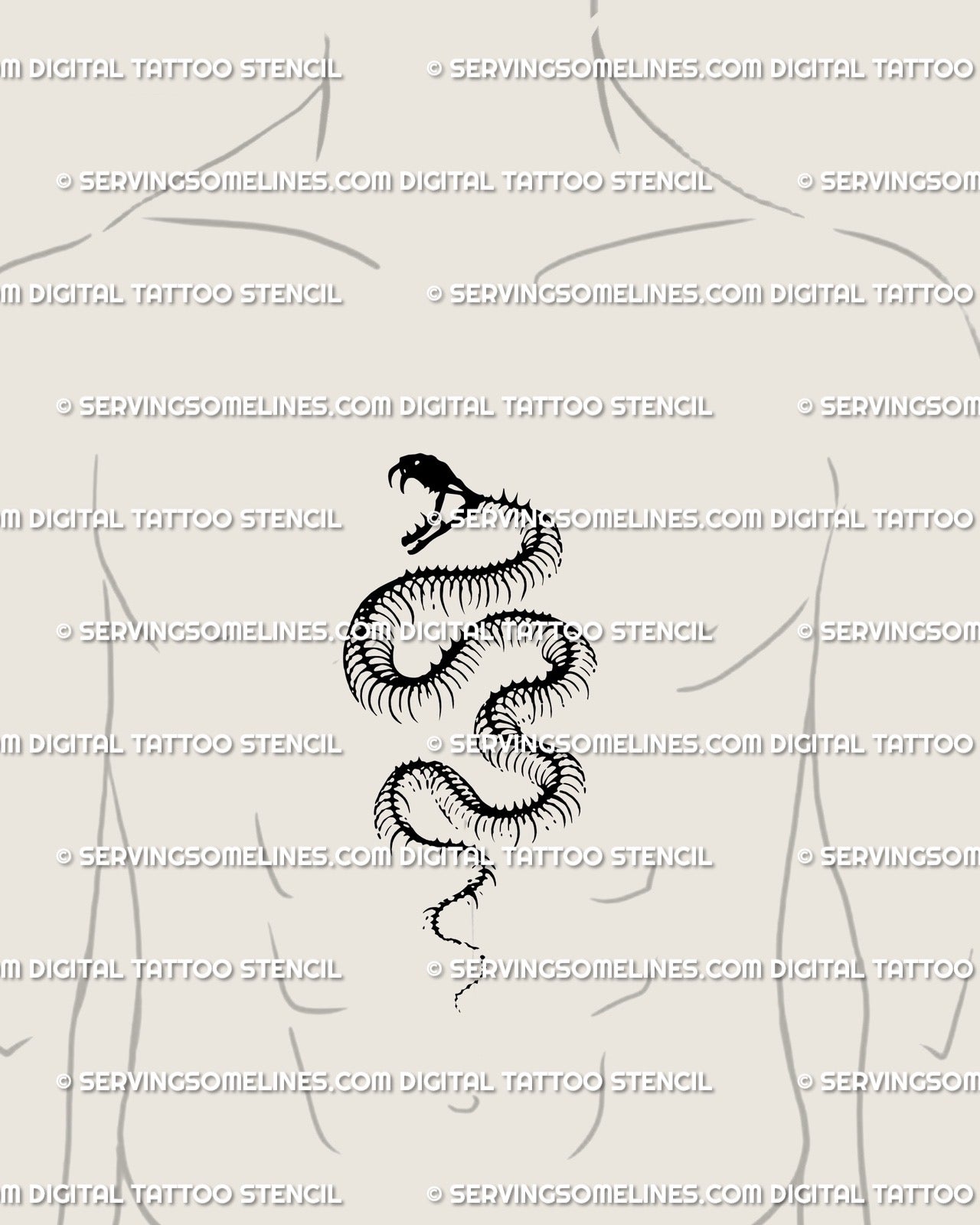 Men’s sternum snake tattoo stencil, gothic serpent skeleton artwork centered for dark ornamental body flow. 