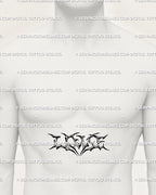 Digital LOVE lettering tattoo stencil previewed on male sternum center, tribal heart-formed lines in bold gothic blackwork cybersigilism style.
