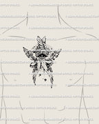 Men’s sternum angel tattoo stencil, six winged seraph with central eye and halo, minimal spiritual linework in protective guardian style.