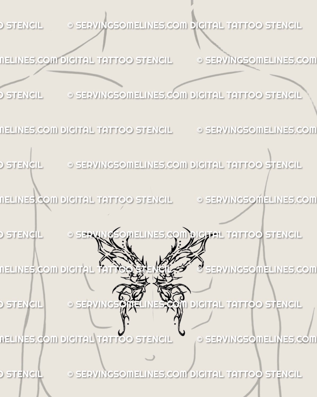 male stomach mockup featuring dark butterfly wings with bold spiky details and a masculine gothic wing silhouette