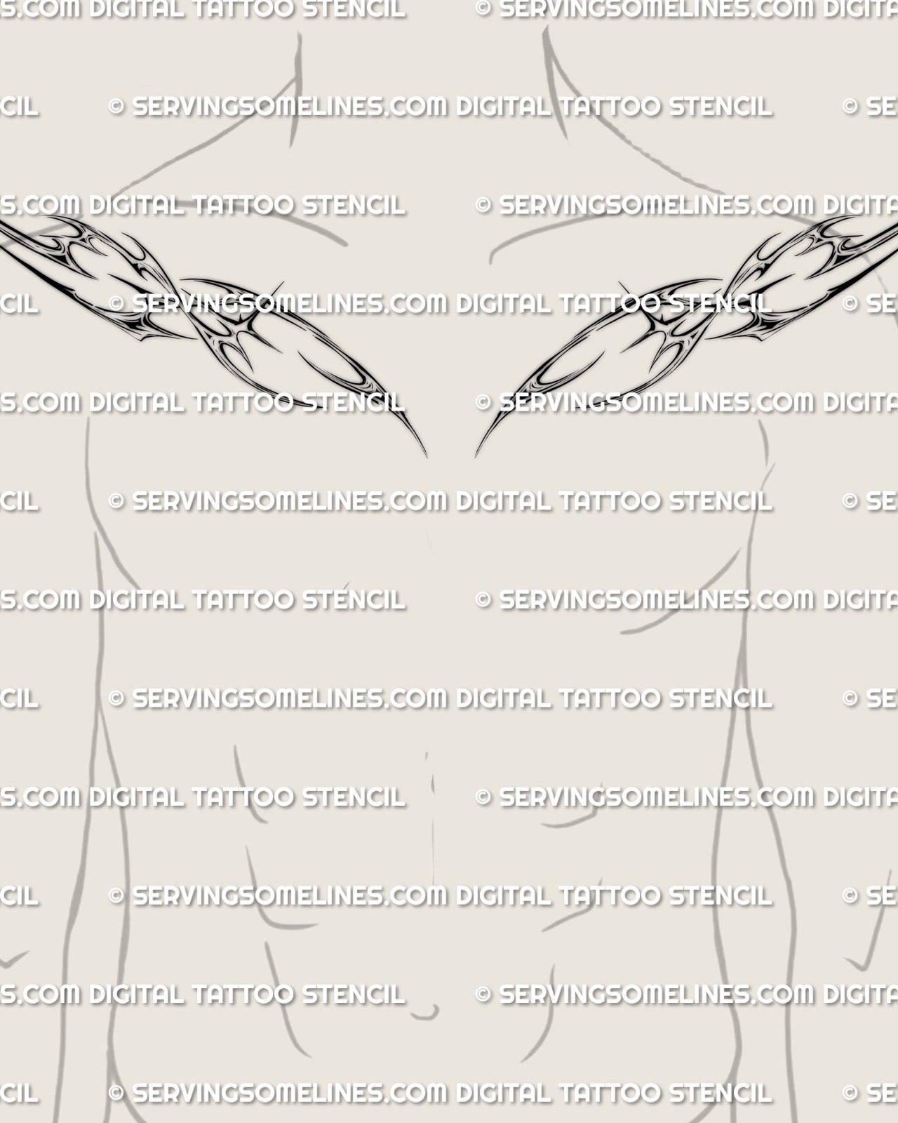 man wearing full cyber tribal collarbone tattoo pair, mirrored cybersigil shapes across both sides of chest