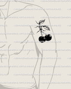 Barbed wire cherry tattoo shown on man’s upper arm, bold gothic cherries design with grunge blackwork attitude.