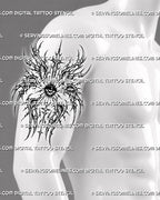 Men's upper arm cyber biblical angel tattoo stencil preview with all-seeing eye, wing eyes, and dark gothic linework