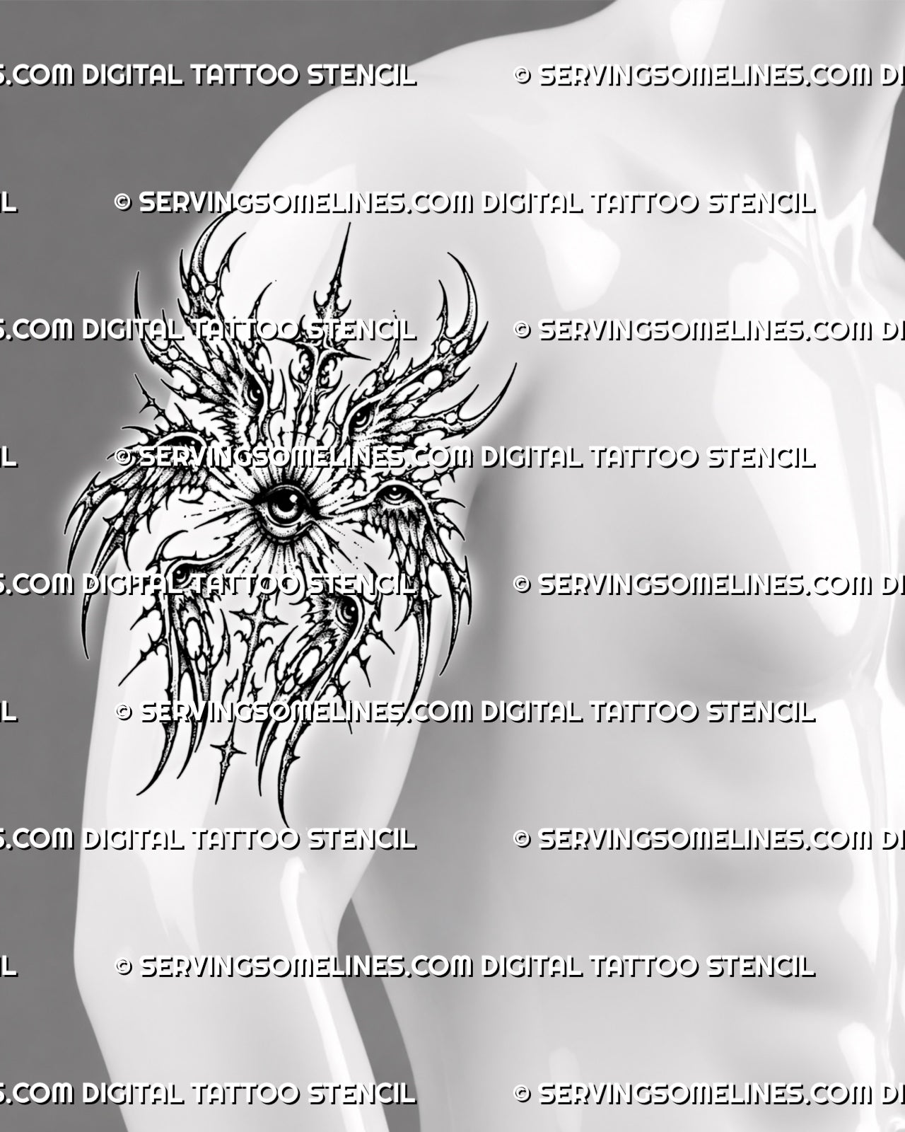 Men's upper arm cyber biblical angel tattoo stencil preview with all-seeing eye, wing eyes, and dark gothic linework