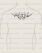 Men’s upper back angel lettering tattoo design, gothic cyber font word art with halo and neotribal edges forming a strong statement crest.