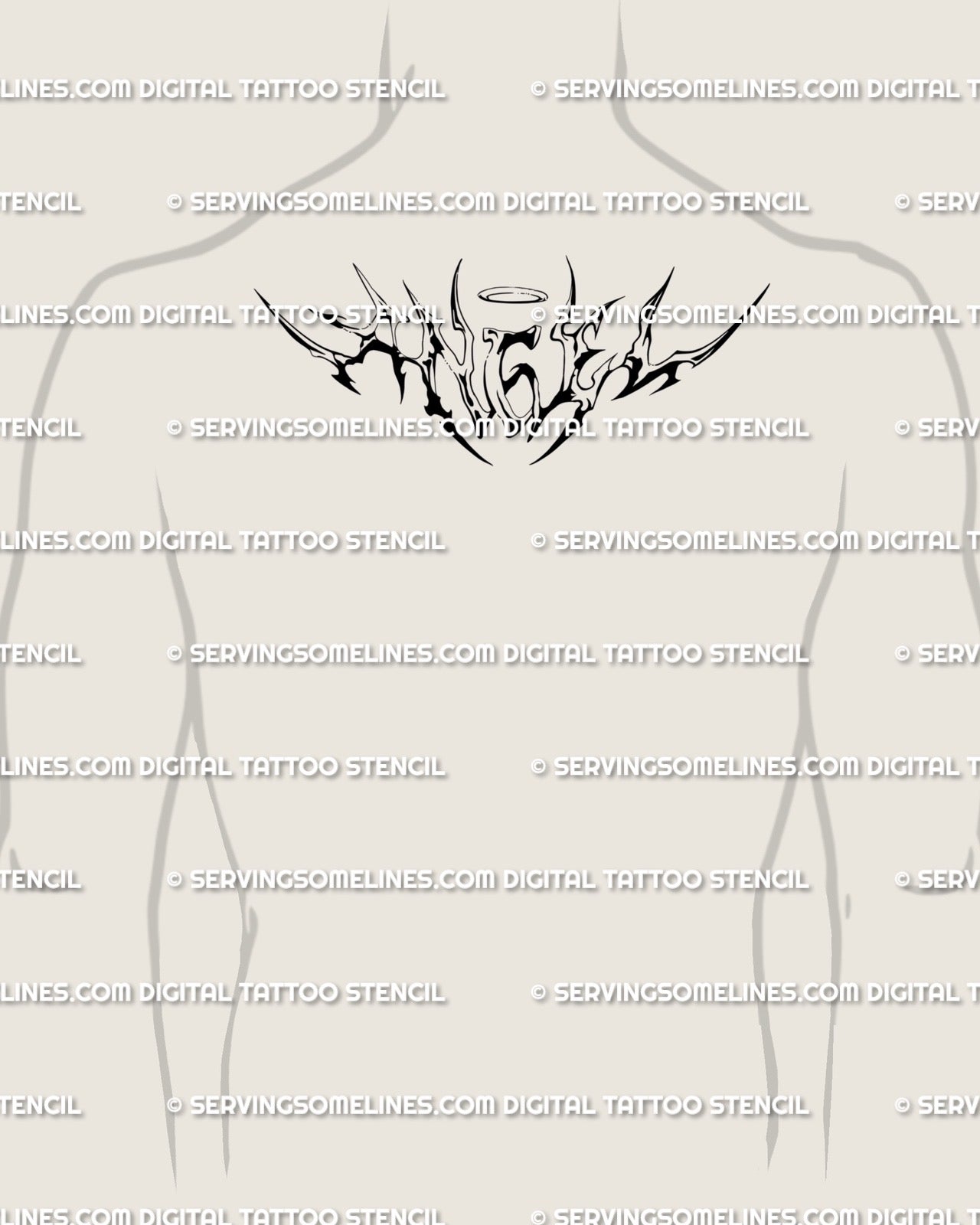 Men’s upper back angel lettering tattoo design, gothic cyber font word art with halo and neotribal edges forming a strong statement crest.