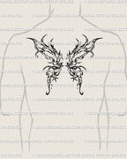 male upper back showing large gothic butterfly wings in bold spiky linework with abstract ornamental detailing
