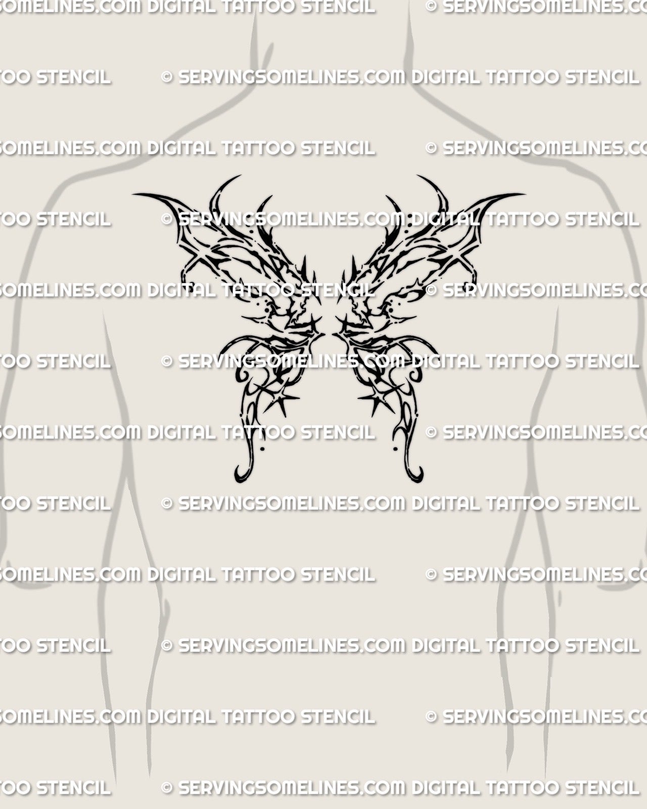 male upper back showing large gothic butterfly wings in bold spiky linework with abstract ornamental detailing