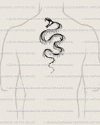 Snake skeleton tattoo centered on men’s upper back, gothic serpent spine alignment with cyber-goth symmetry.
